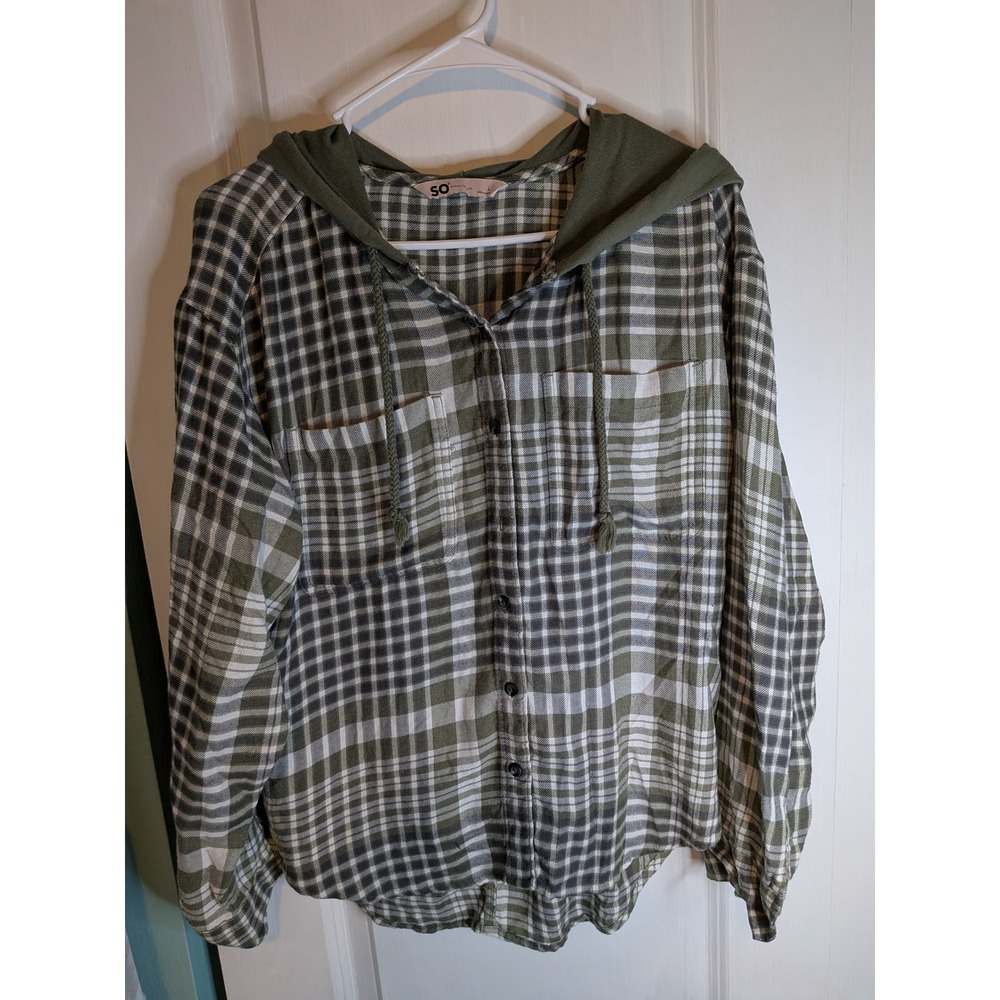 SO Goods For Life Girls Olive Green Plaid Hooded Button Down Shirt Size Large L